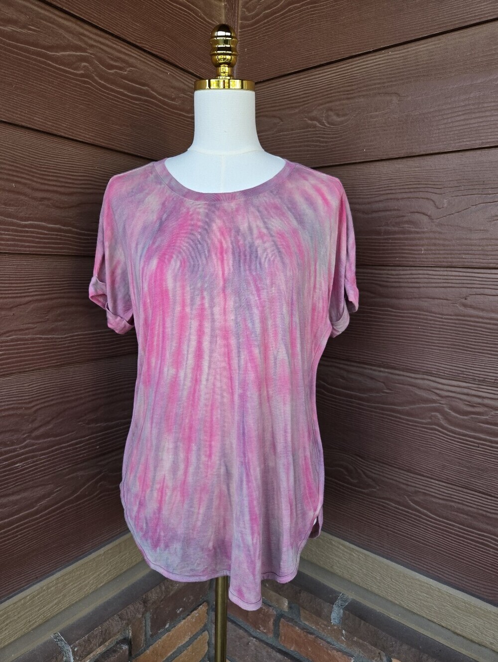 Green Tea Women's Pink Tie-Dye Cuffed Short Sleeve Top Size Small NWOT